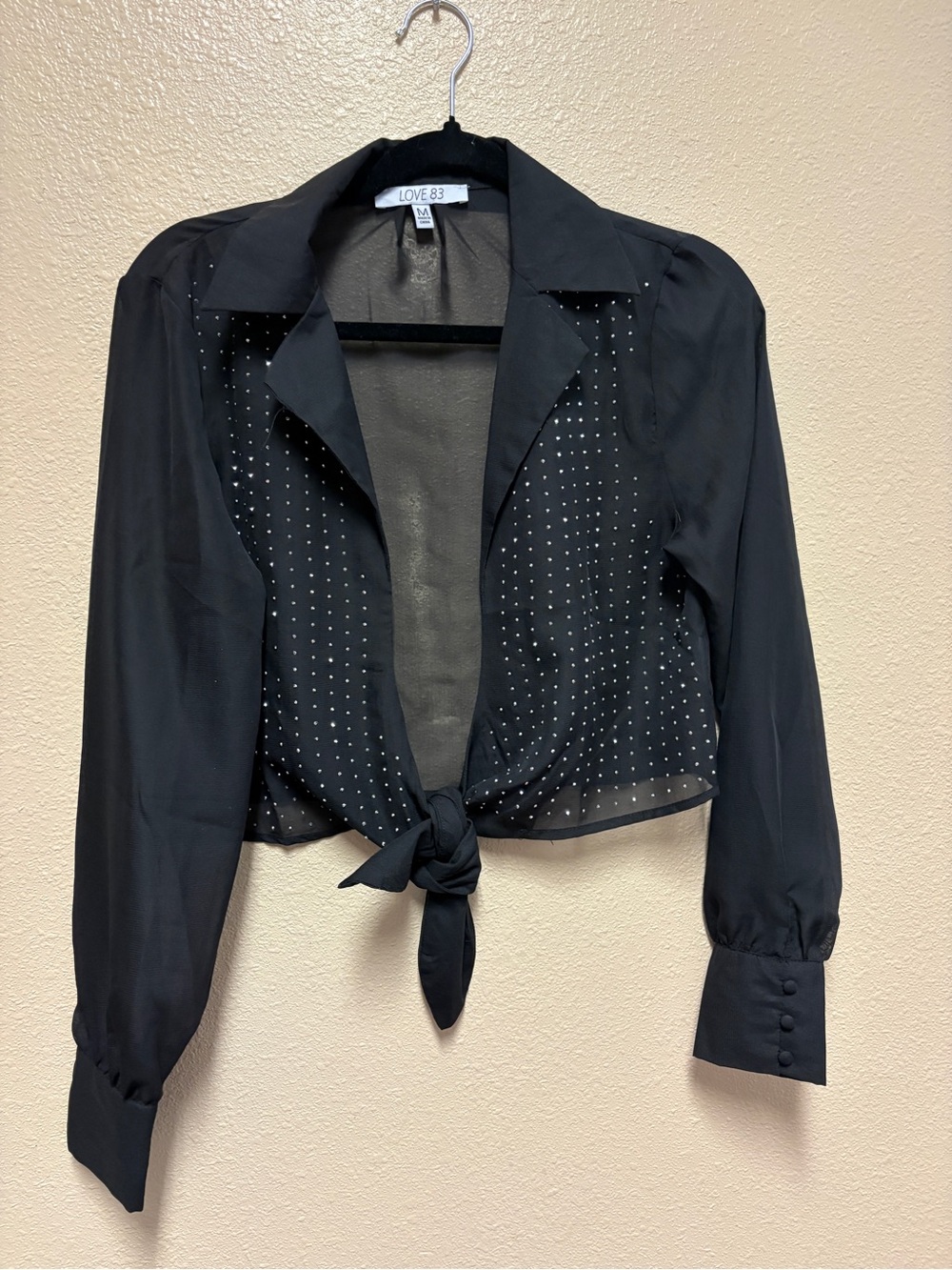Love Black Sheer Tie-Front Blouse with Metallic Dots